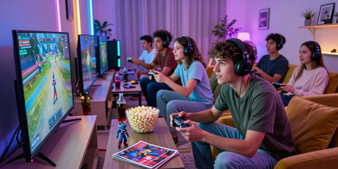Friends enjoying a thrilling gaming session with slot77 themed snacks and lighting in a cozy living room.