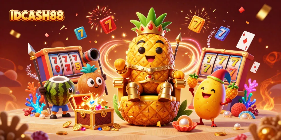 IDCASH88 offers exciting slot games where a golden pineapple king and friends celebrate big wins in a vibrant casino setting.