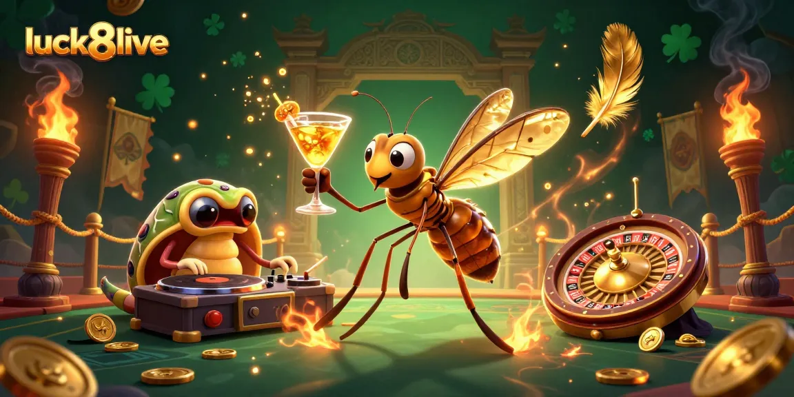 Experience the excitement at luck8live with a vibrant 3D illustration of casino elements, including a frozen mosquito mascot and golden roulette.