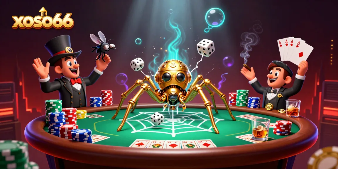 Spin and win at xoso66 with a 3D golden spider catching dice in a web of riches.