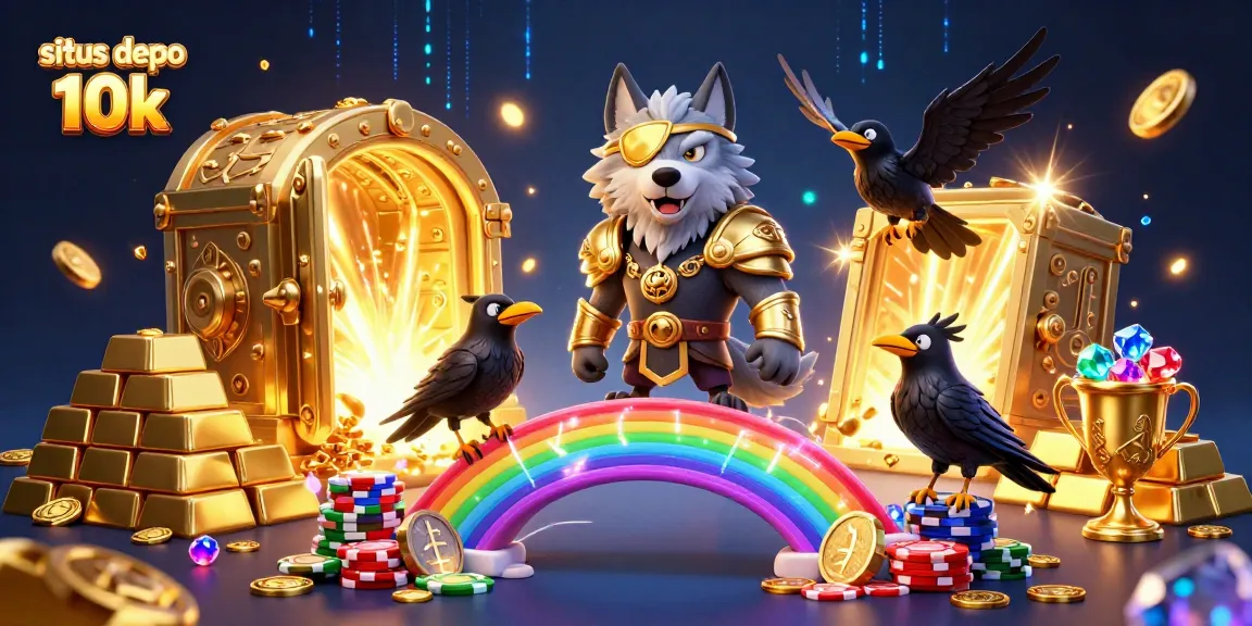 Situs depo 10k themed illustration showcasing Odin, a wolf, and ravens surrounded by casino elements and treasures